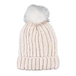 Chenille Cable Ladies Bobble Knit Hat - Cream