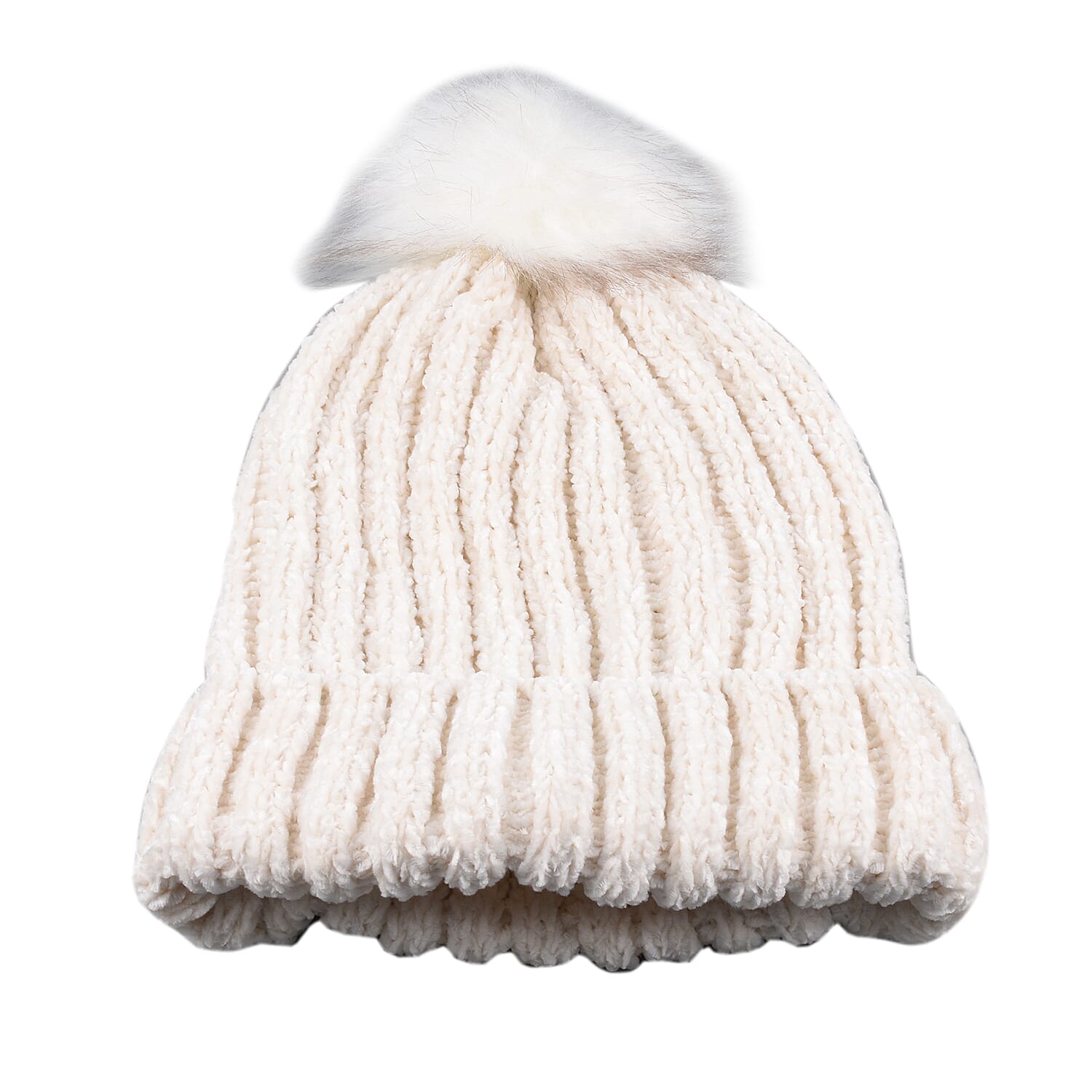 Chenille Cable Ladies Bobble Knit Hat - Cream