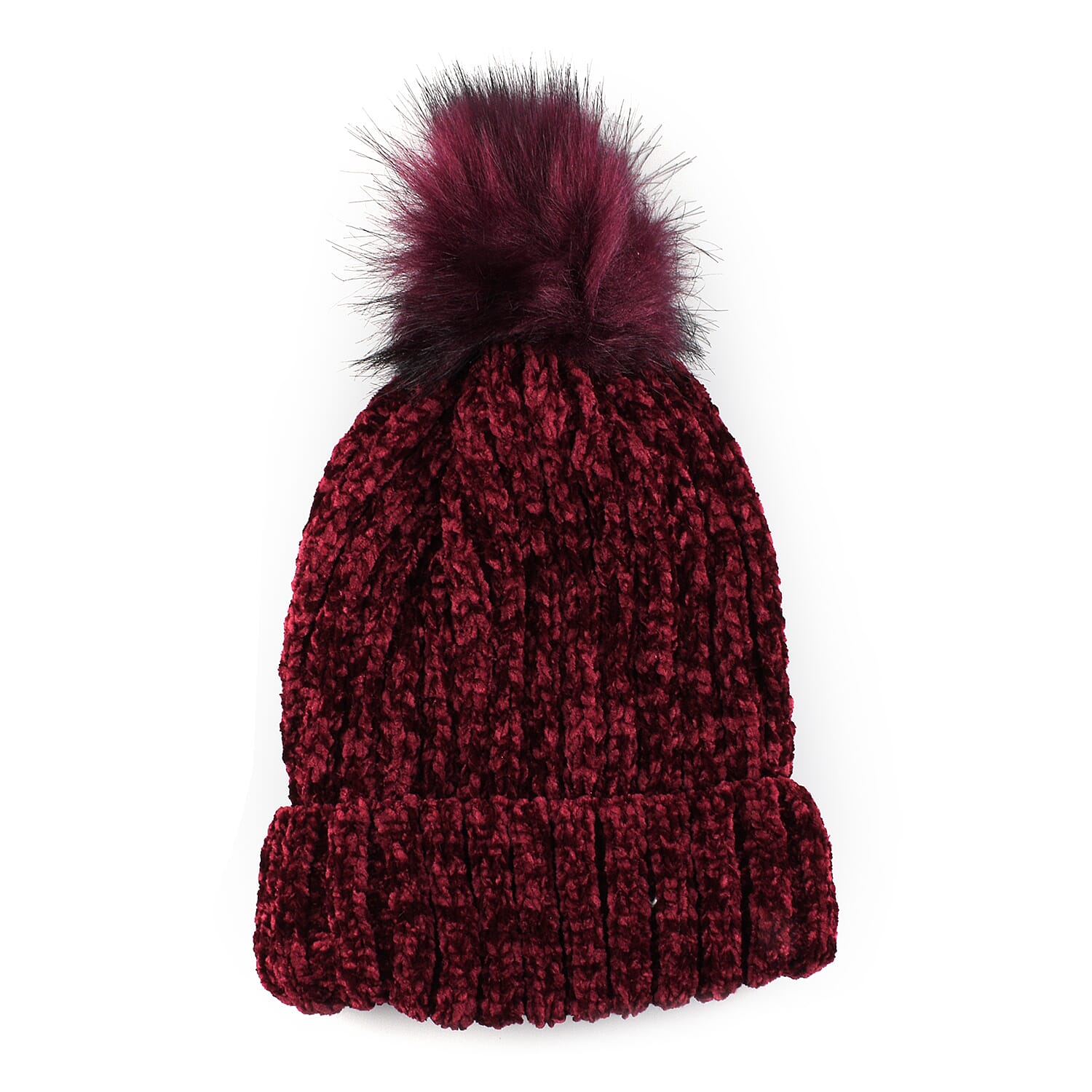Chenille Cable Ladies Bobble Knit Hat - Purple