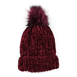 Chenille Cable Ladies Bobble Knit Hat - Purple