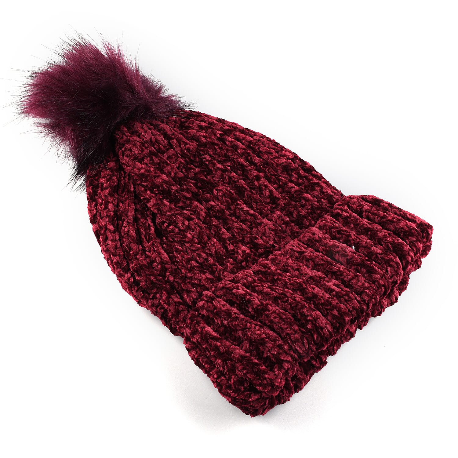 Chenille Cable Ladies Bobble Knit Hat - Purple