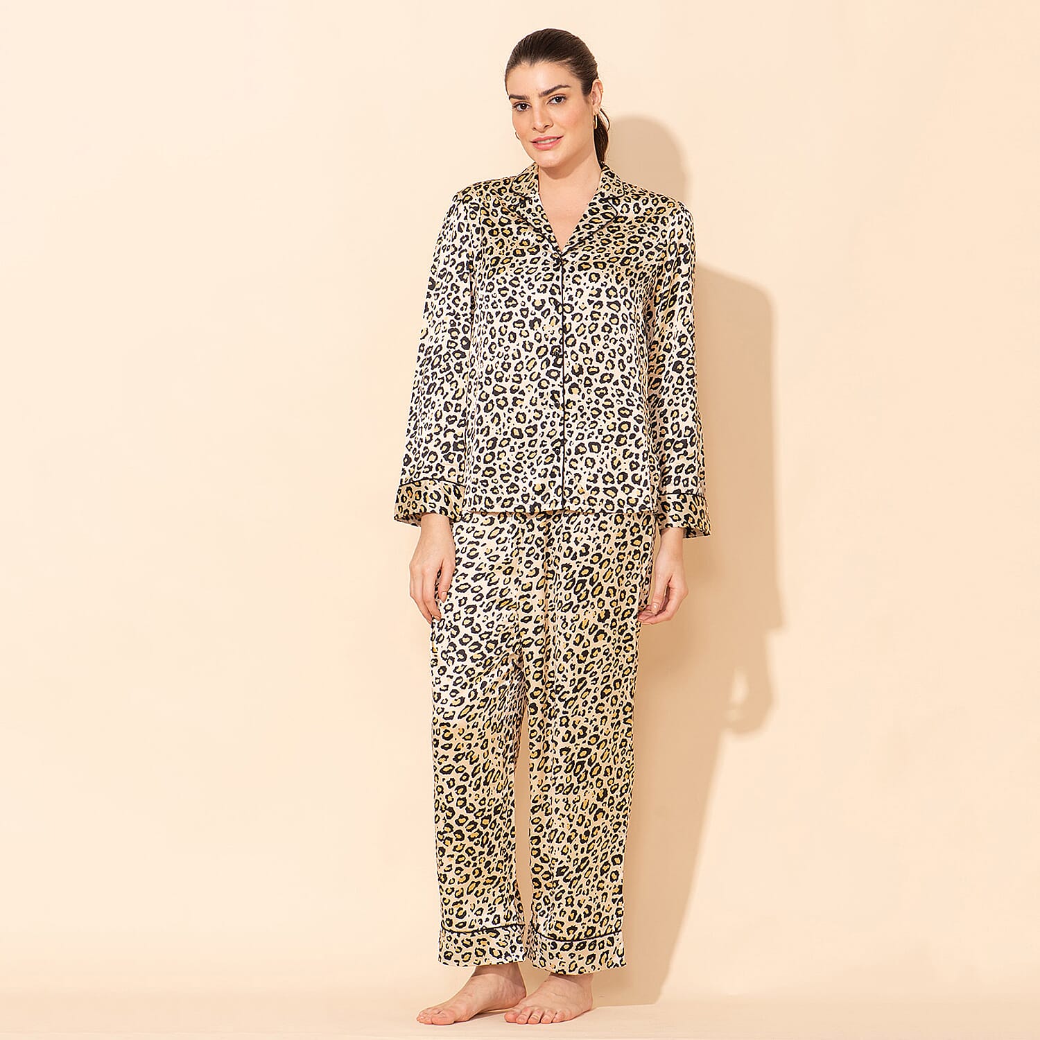 Doorbuster - TAMSY Leopard Pattern Silk Like Nightwear Set (Size L) - Champagne