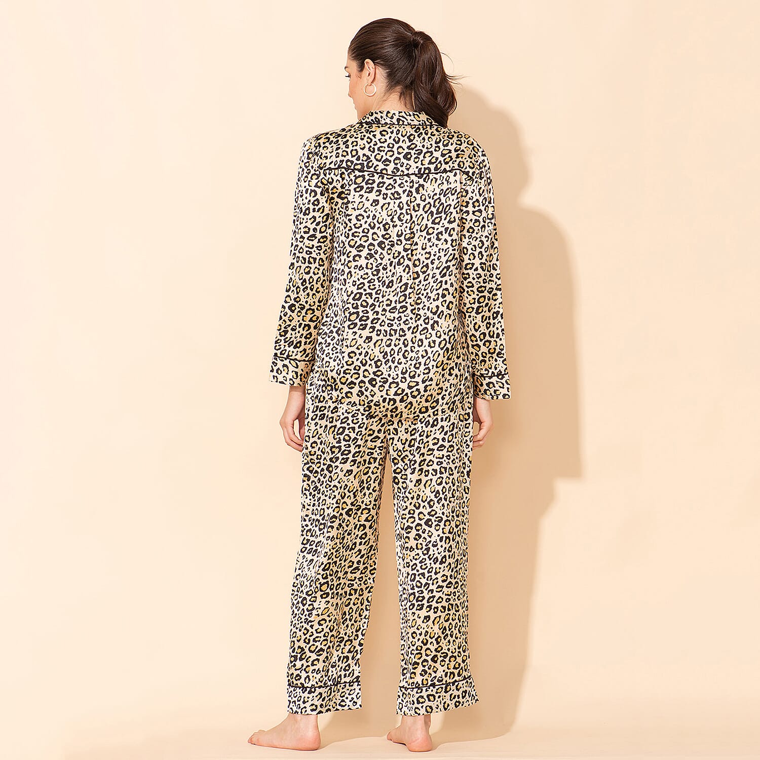 Doorbuster - TAMSY Leopard Pattern Silk Like Nightwear Set (Size L) - Champagne