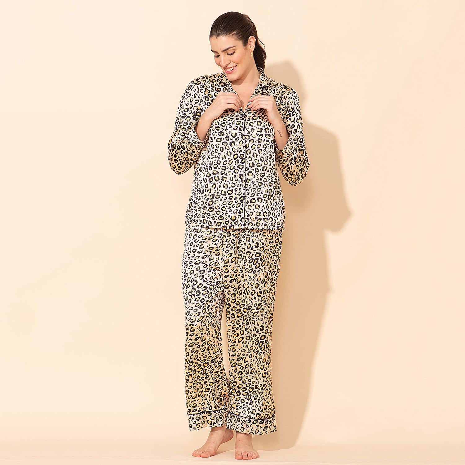 Doorbuster - TAMSY Leopard Pattern Silk Like Nightwear Set (Size L) - Champagne