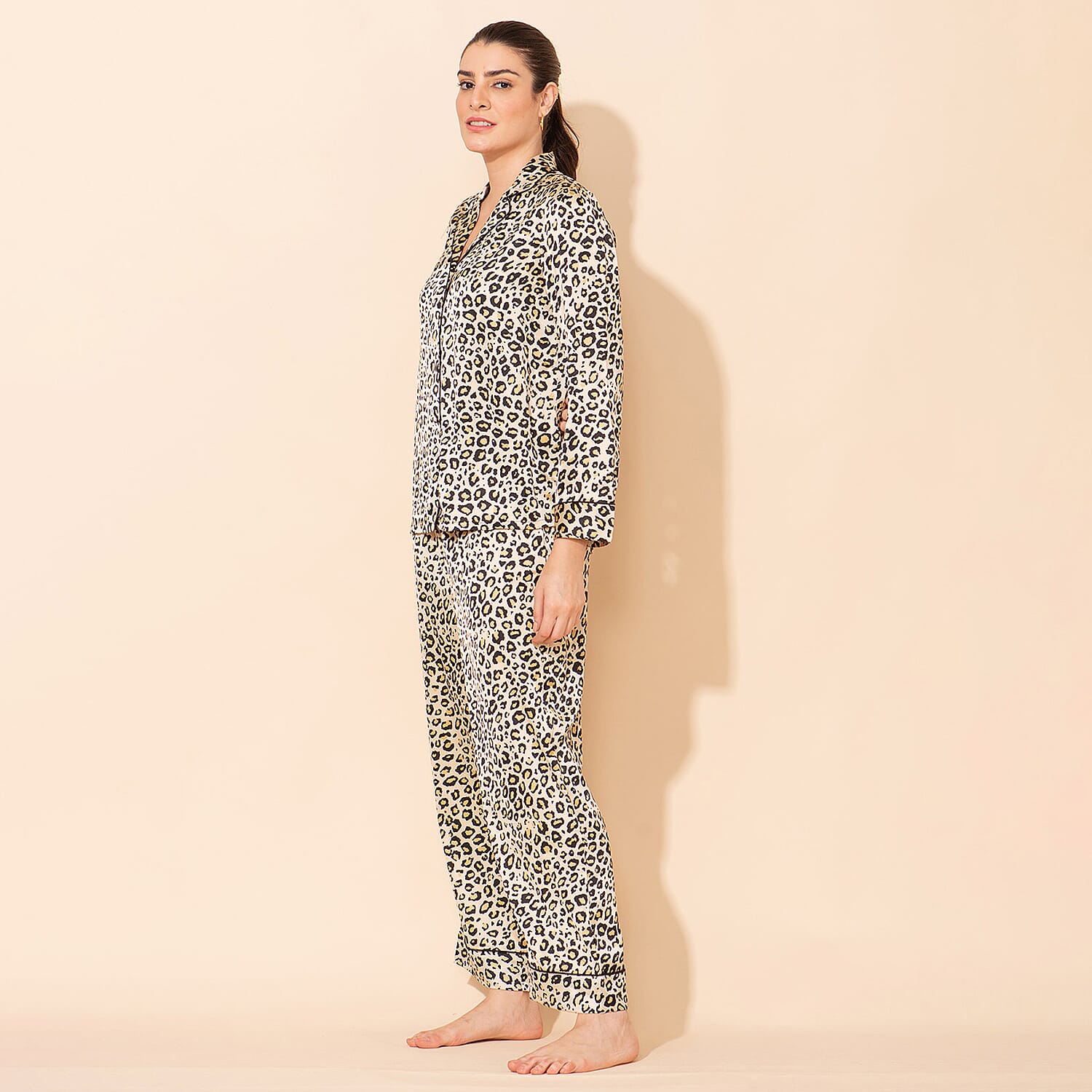 Doorbuster - TAMSY Leopard Pattern Silk Like Nightwear Set (Size L) - Champagne