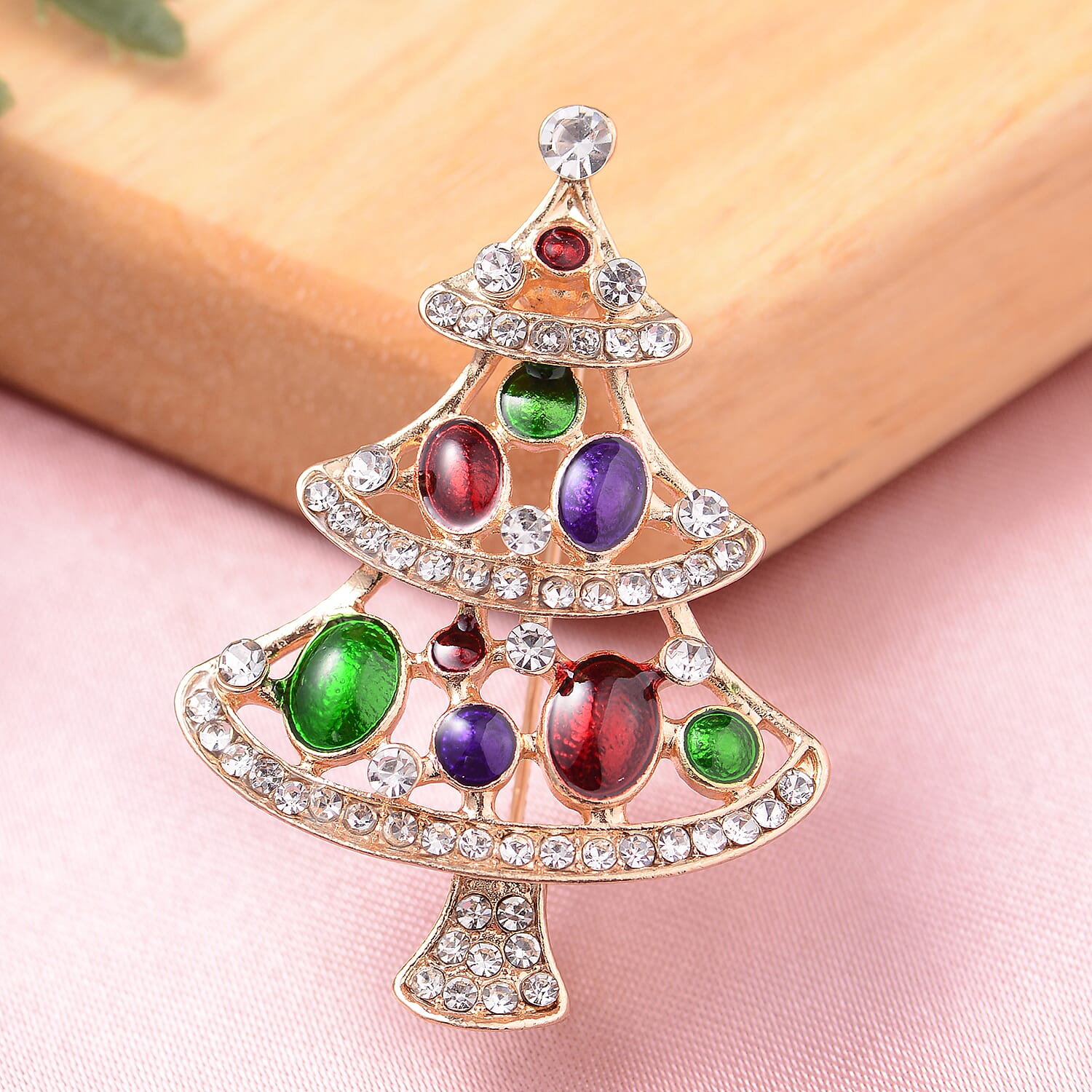 Christmas White Austrian Crystal Tree Enamelled Brooch in Yellow Tone