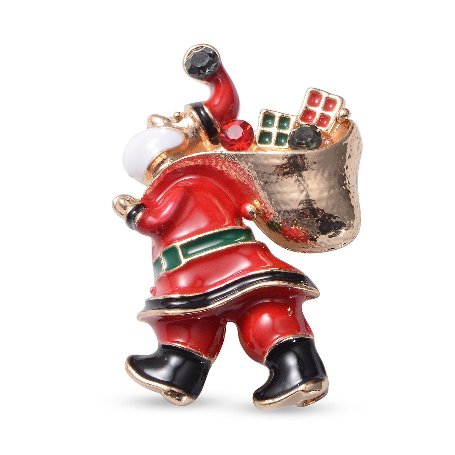 Christmas Red and Green Austrian Crystal Santa Claus Enamelled Brooch Cum Pendant in Yellow Gold Tone