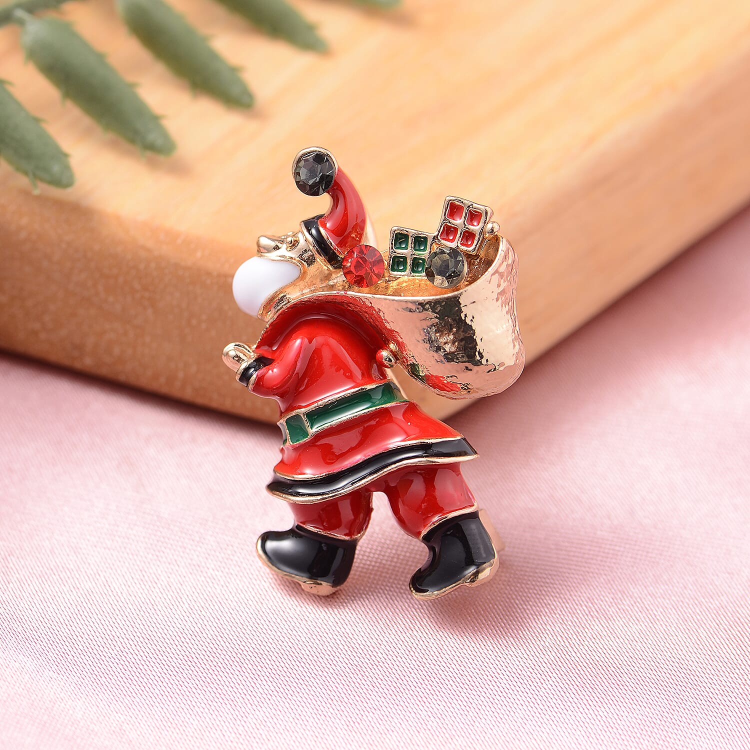 Christmas Red and Green Austrian Crystal Santa Claus Enamelled Brooch Cum Pendant in Yellow Gold Tone