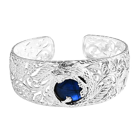 Royal Bali Collection - Labradorite Cuff Bangle (Size - 6.5 to 9.0) Sterling Silver 25.27 Ct, Silver Wt. 34.40 Gms.