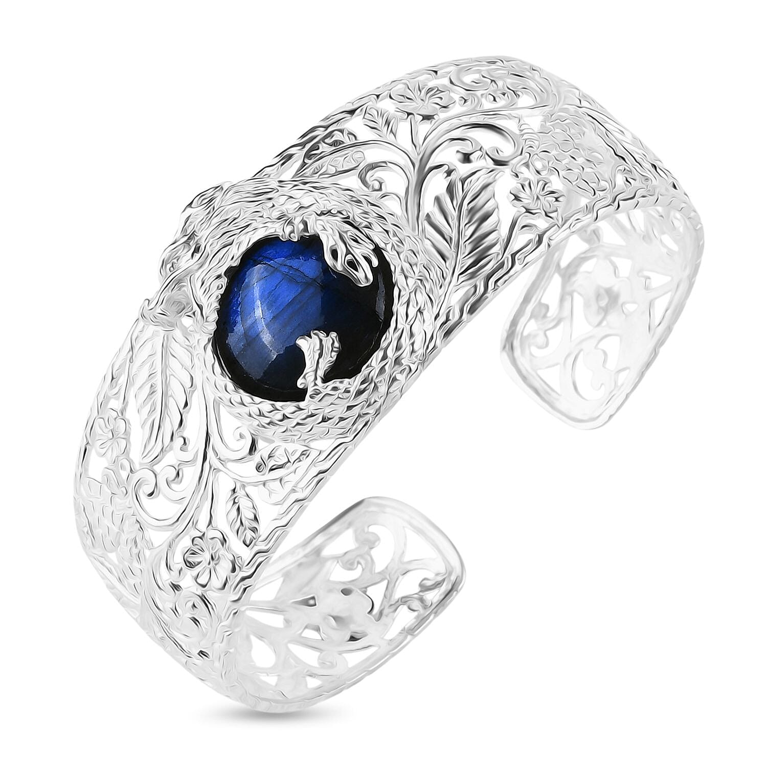 Royal Bali Collection - Labradorite Cuff Bangle (Size - 6.5 to 9.0) in Sterling Silver 25.27 Ct, Silver Wt. 34.40 Gms.