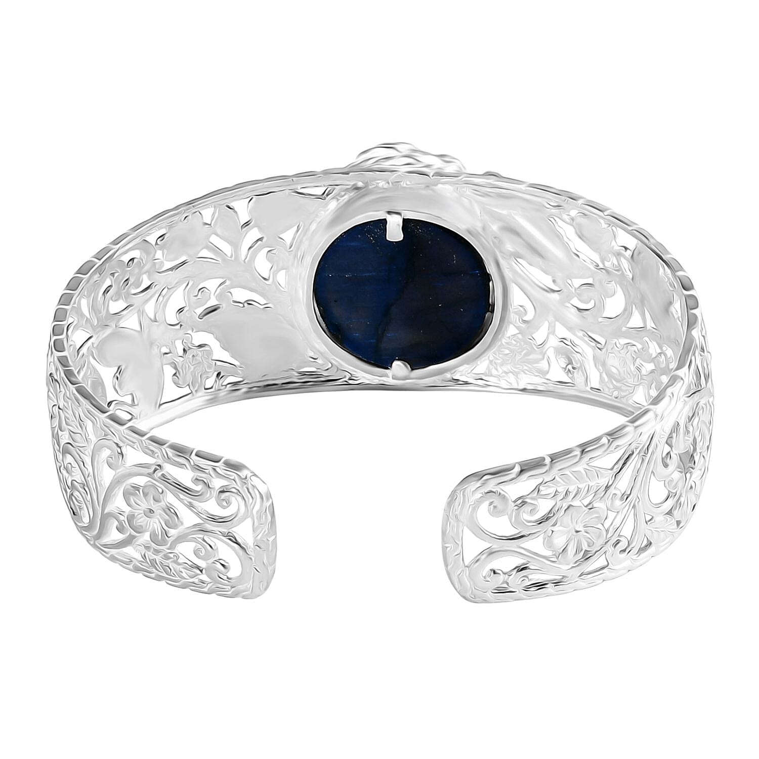 Royal Bali Collection - Labradorite Cuff Bangle (Size - 6.5 to 9.0) in Sterling Silver 25.27 Ct, Silver Wt. 34.40 Gms.