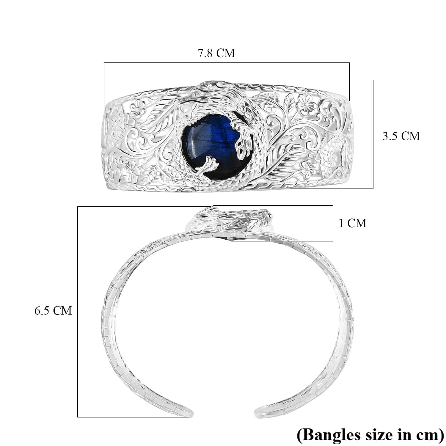 Royal Bali Collection - Labradorite Cuff Bangle (Size - 6.5 to 9.0) in Sterling Silver 25.27 Ct, Silver Wt. 34.40 Gms.