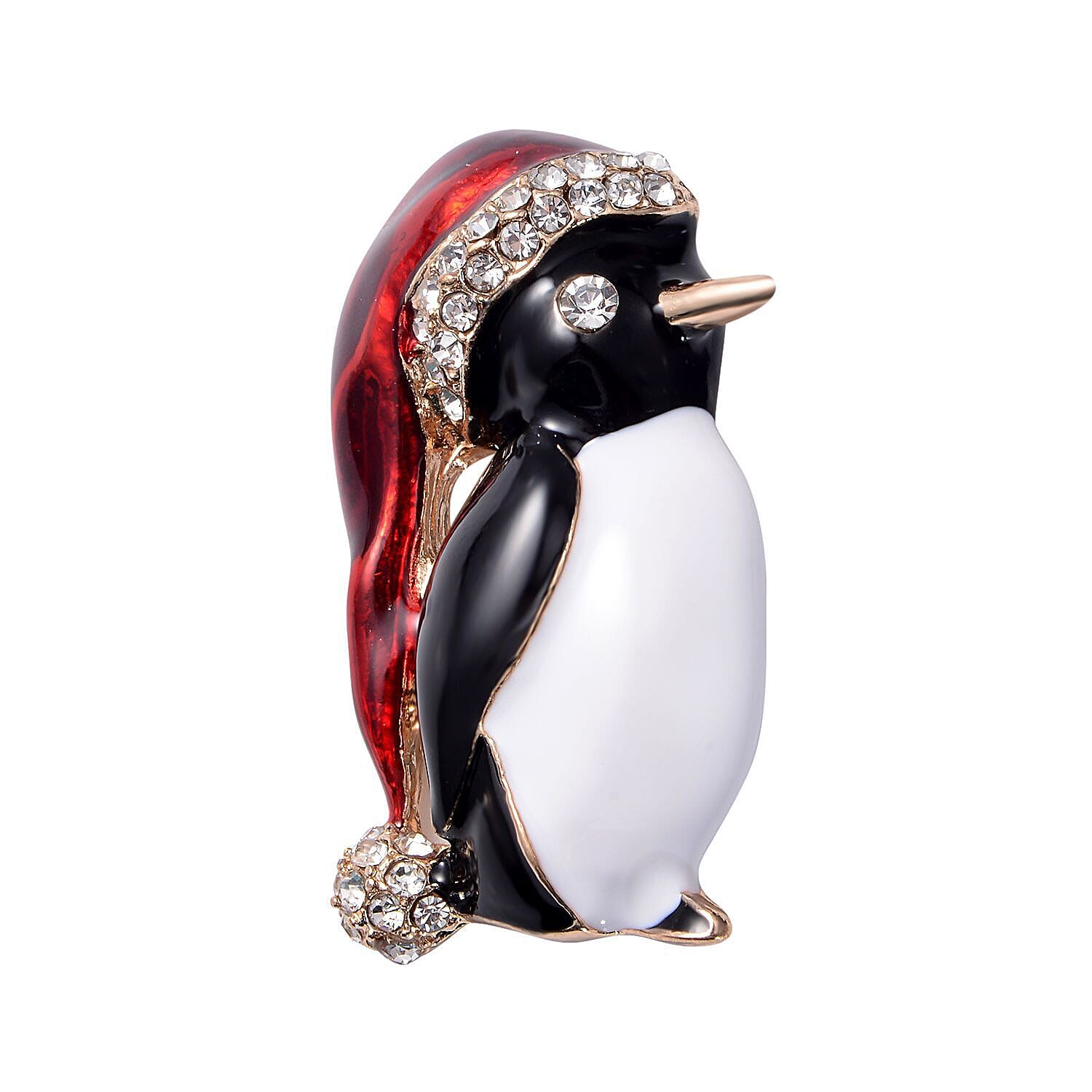 White Austrian Crystal Penguin Enamelled Brooch Come Pendant in Yellow Gold Tone 1.00 Ct.