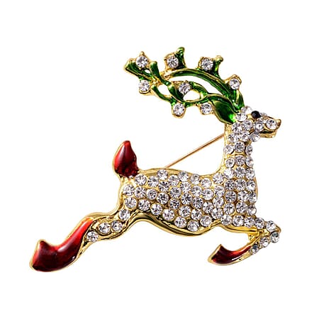 Christmas White and Black Austrian Crystal Reindeer With Enamelled Brooch in Yellow Gold Tone 2.10 Ct.