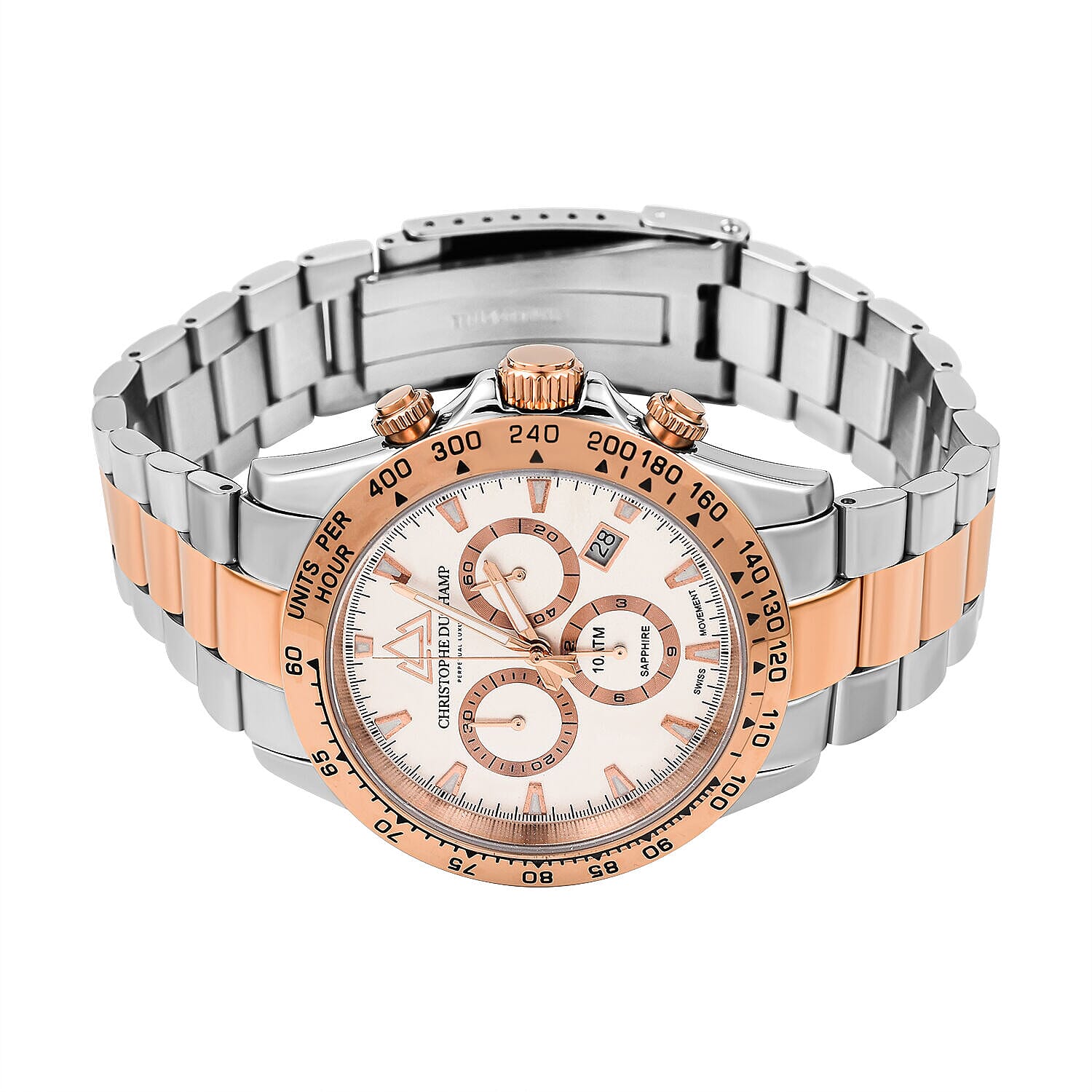 CHRISTOPHE DUCHAMP Grand Mont Swiss Movt. White Dial Watch with Dual Colour Chain Strap 10 ATM WR Sapphire Crystal Glass