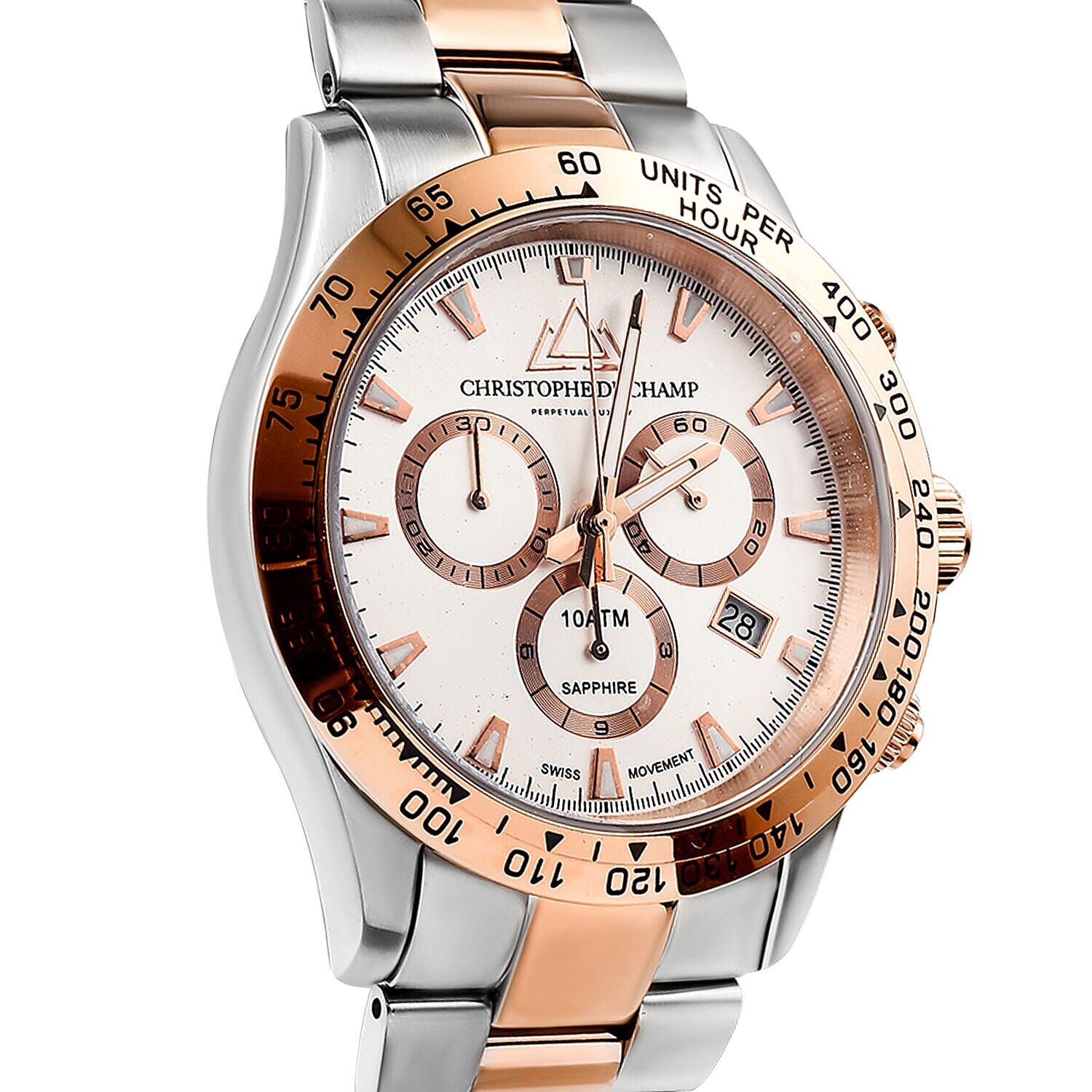 CHRISTOPHE DUCHAMP Grand Mont Swiss Movt. White Dial Watch with Dual Colour Chain Strap 10 ATM WR Sapphire Crystal Glass