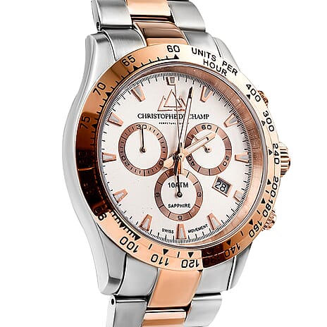 CHRISTOPHE DUCHAMP Grand Mont Swiss Movt. White Dial Watch with Dual Colour Chain Strap 10 ATM WR Sapphire Crystal Glass