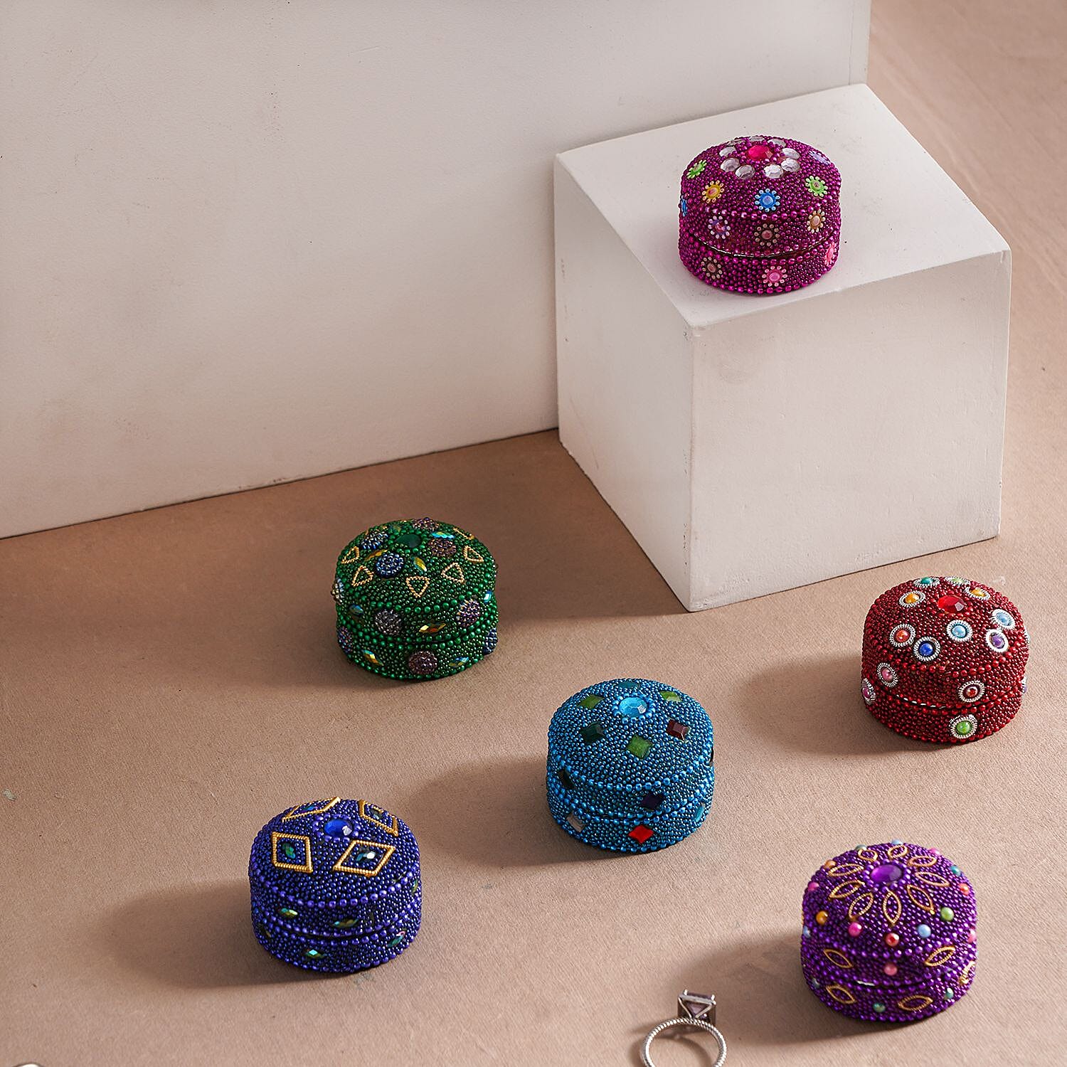 Set of 6 Wooden Beaded Chest Storage Box - Multi