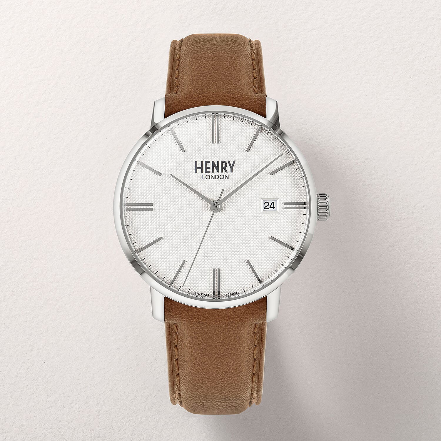 HENRY LONDON Regency Silver Tone Case Watch with Tan Leather Strap