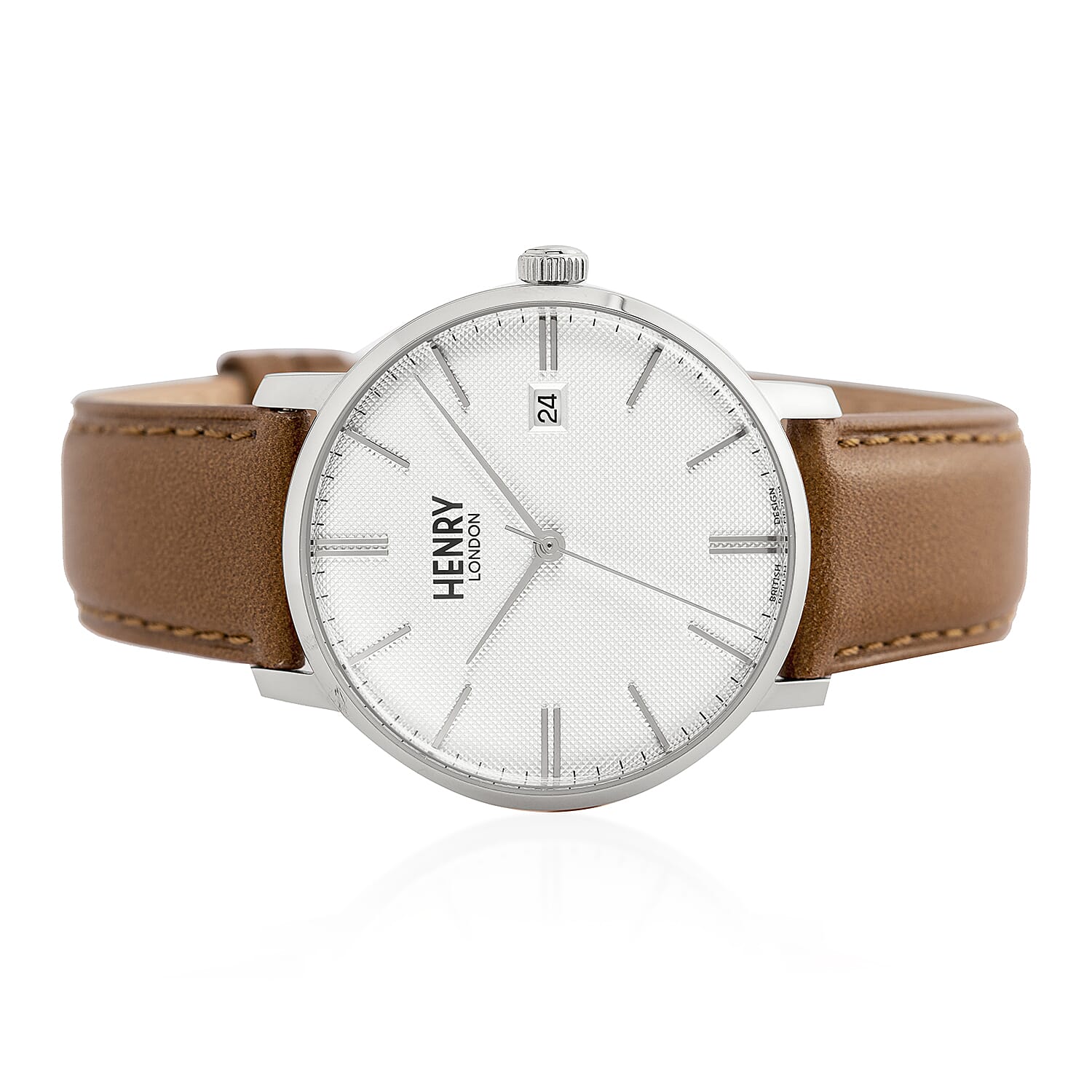 HENRY LONDON Regency Silver Tone Case Watch with Tan Leather Strap