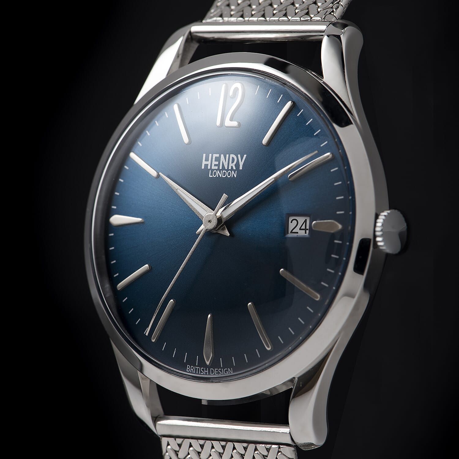 HENRY LONDON Knightsbridge Ladies Blue Dial Mesh Bracelet Watch in Silver Tone