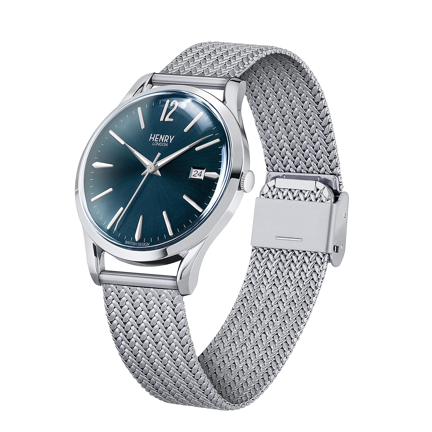 HENRY LONDON Knightsbridge Ladies Blue Dial Mesh Bracelet Watch in Silver Tone