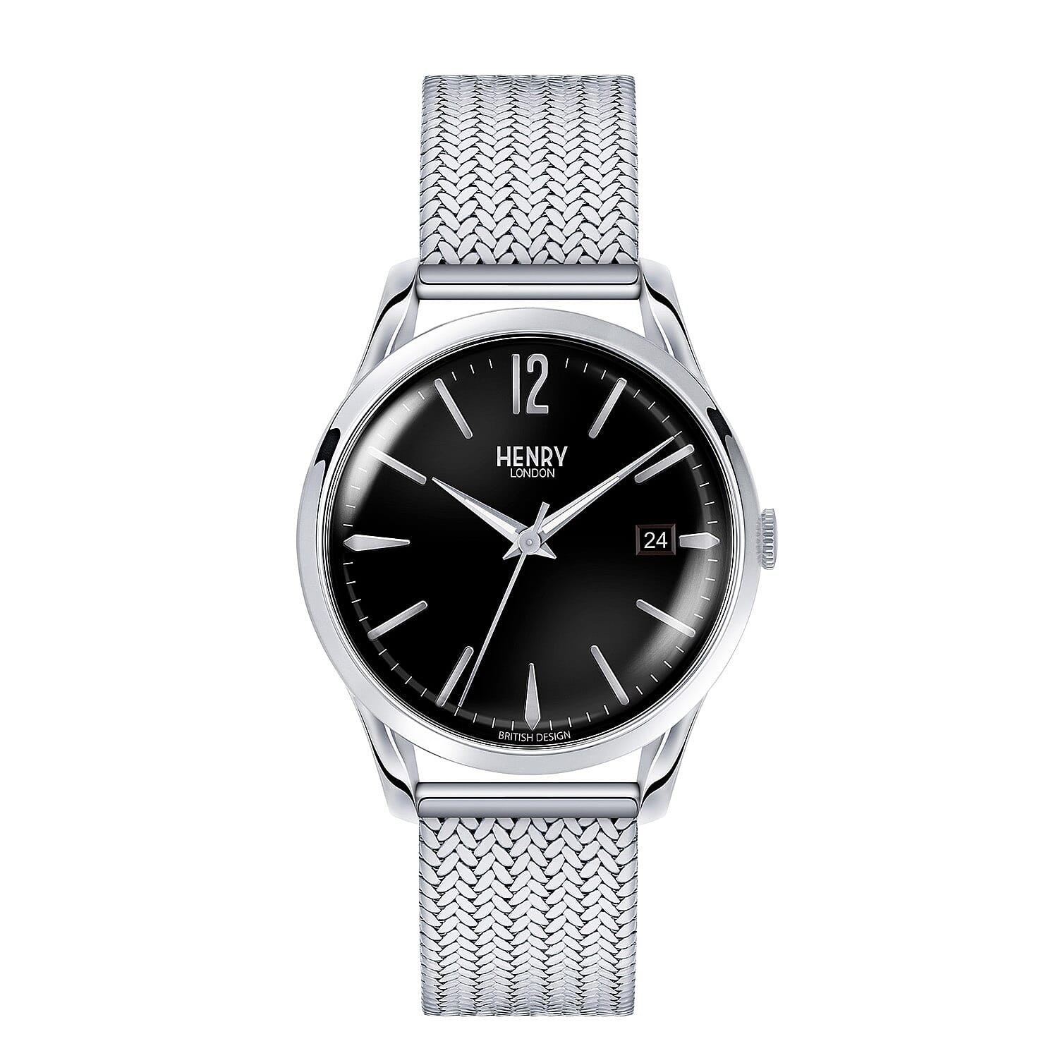 HENRY LONDON Edgware Ladies Black Dial Mesh Bracelet Watch in Silver Tone