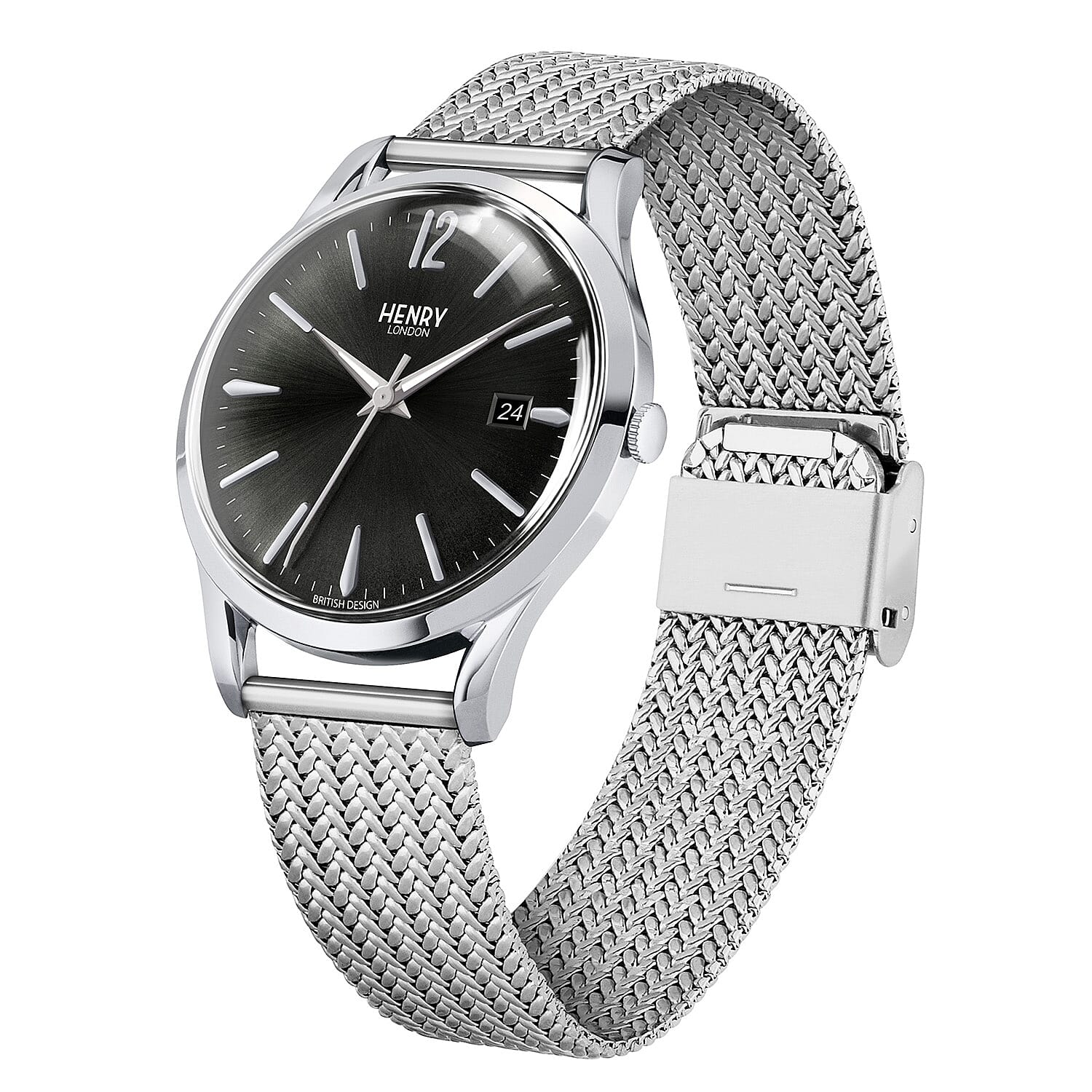HENRY LONDON Edgware Ladies Black Dial Mesh Bracelet Watch in Silver Tone