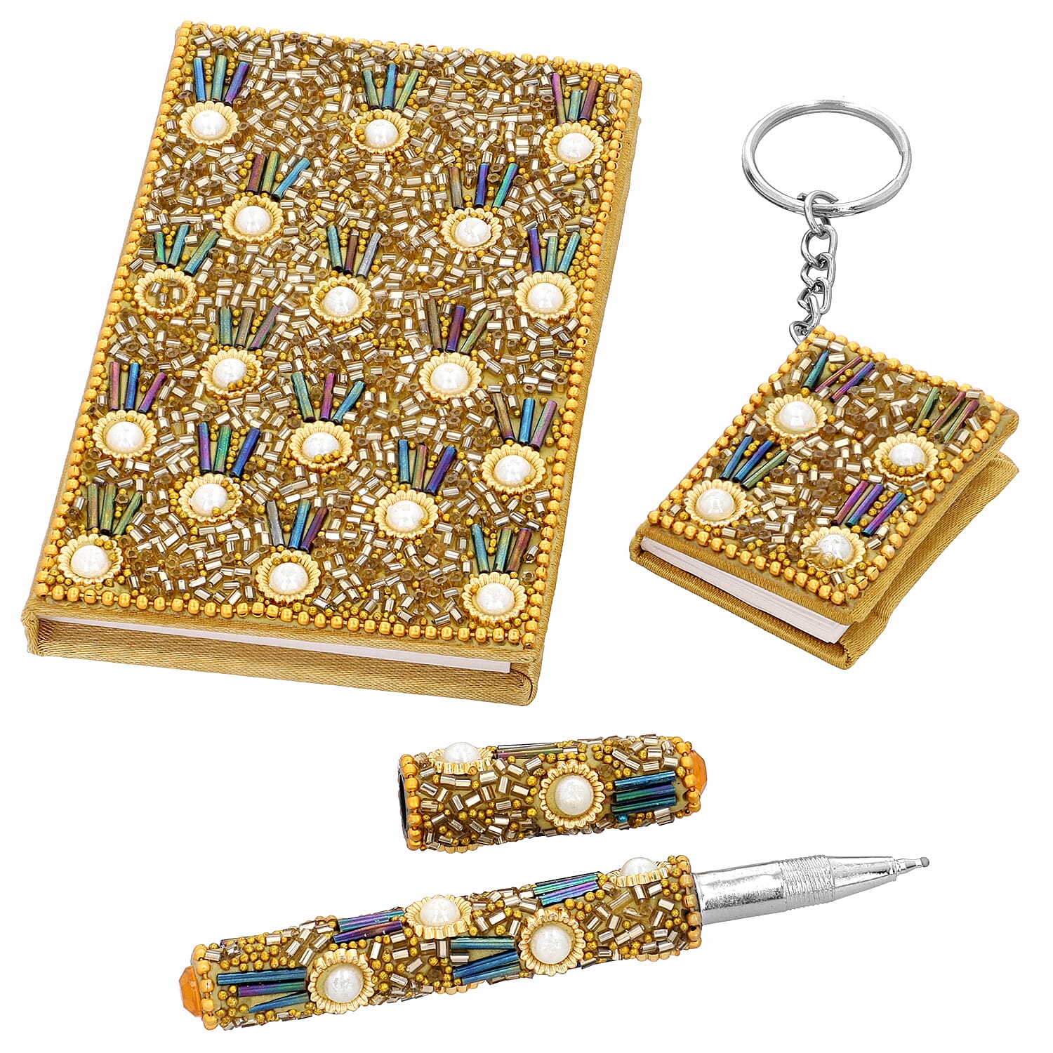 3 Piece Set -  Fuchsia Frolic Bead Decorated Diary (Size 12 Cm), Key Chain (Size 4x5 Cm) and Pen- Golden
