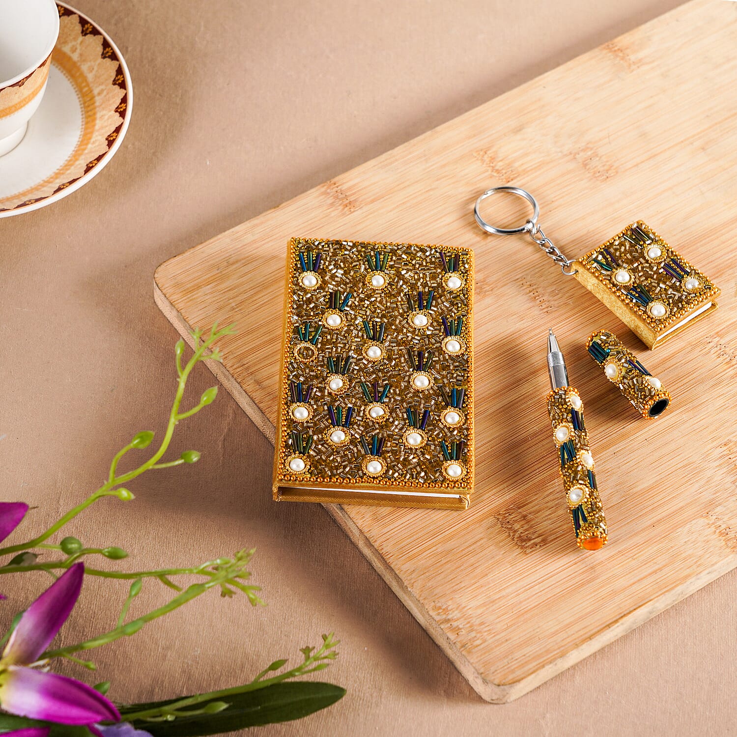 3 Piece Set -  Fuchsia Frolic Bead Decorated Diary (Size 12 Cm), Key Chain (Size 4x5 Cm) and Pen- Golden