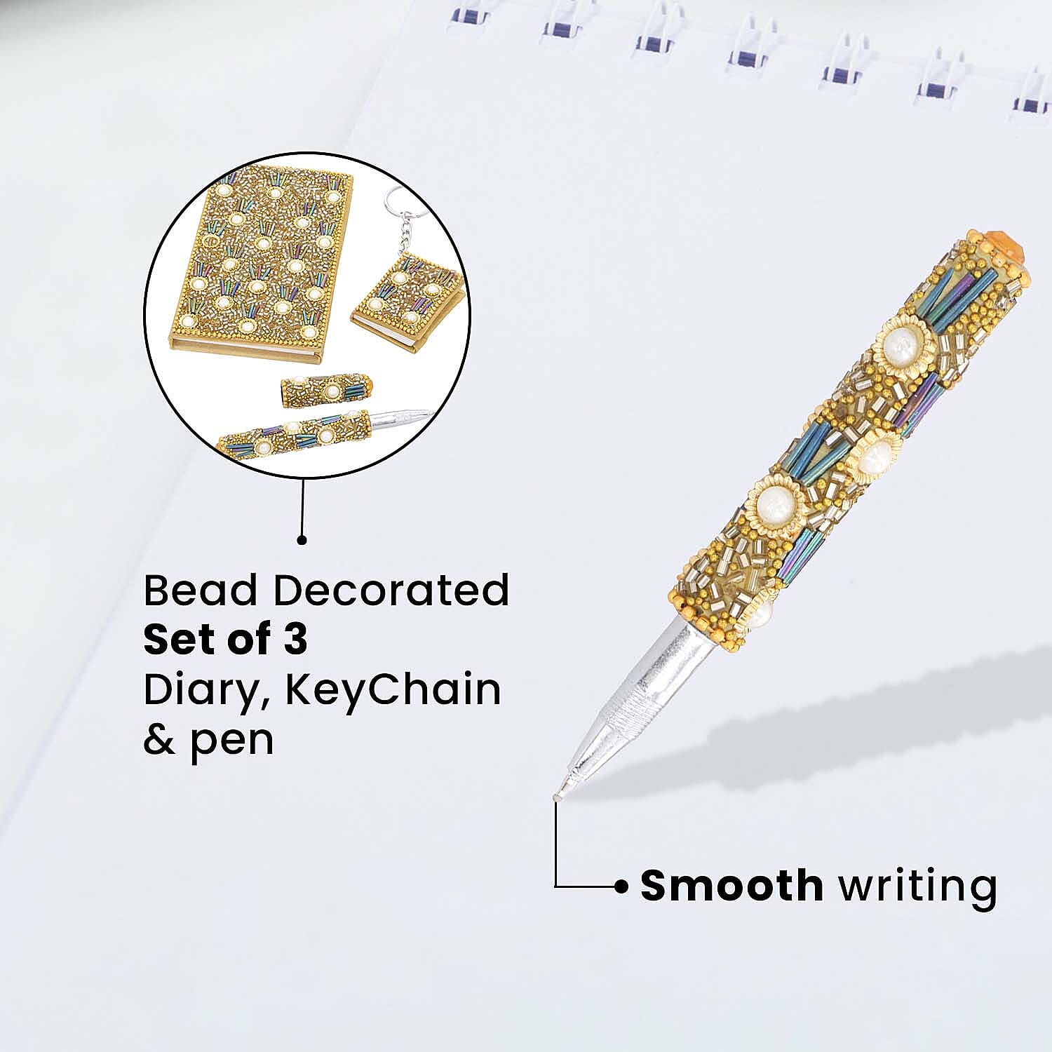 3 Piece Set -  Fuchsia Frolic Bead Decorated Diary (Size 12 Cm), Key Chain (Size 4x5 Cm) and Pen- Golden