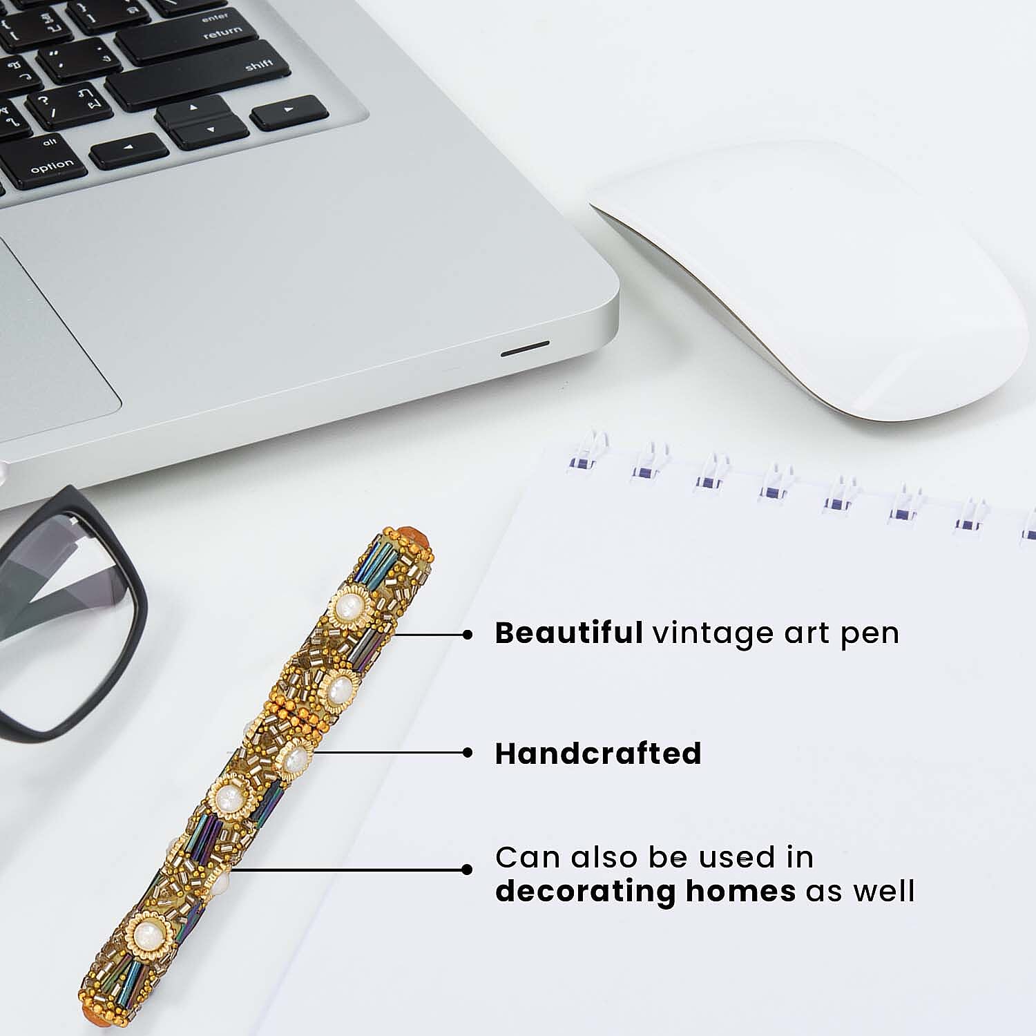 3 Piece Set -  Fuchsia Frolic Bead Decorated Diary (Size 12 Cm), Key Chain (Size 4x5 Cm) and Pen- Golden