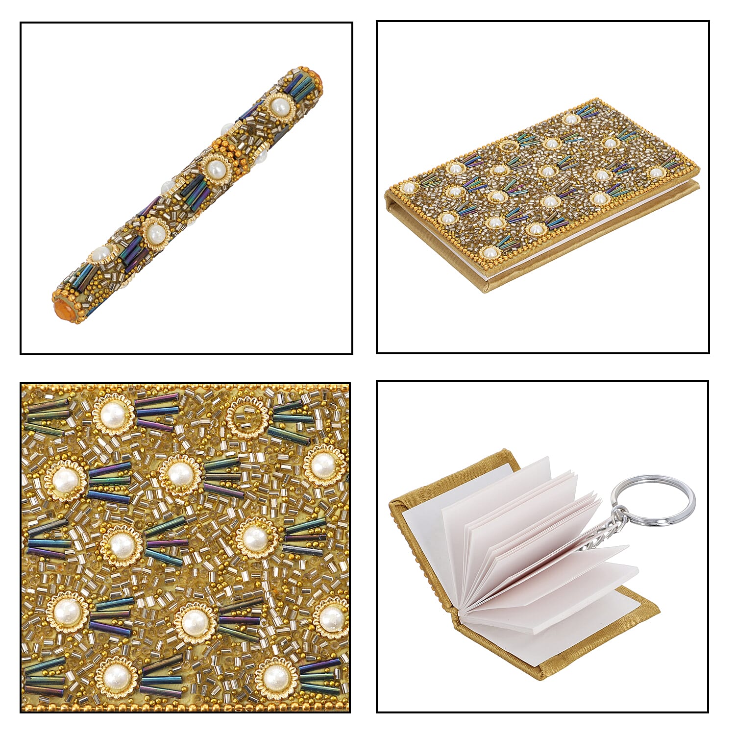 3 Piece Set -  Fuchsia Frolic Bead Decorated Diary (Size 12 Cm), Key Chain (Size 4x5 Cm) and Pen- Golden