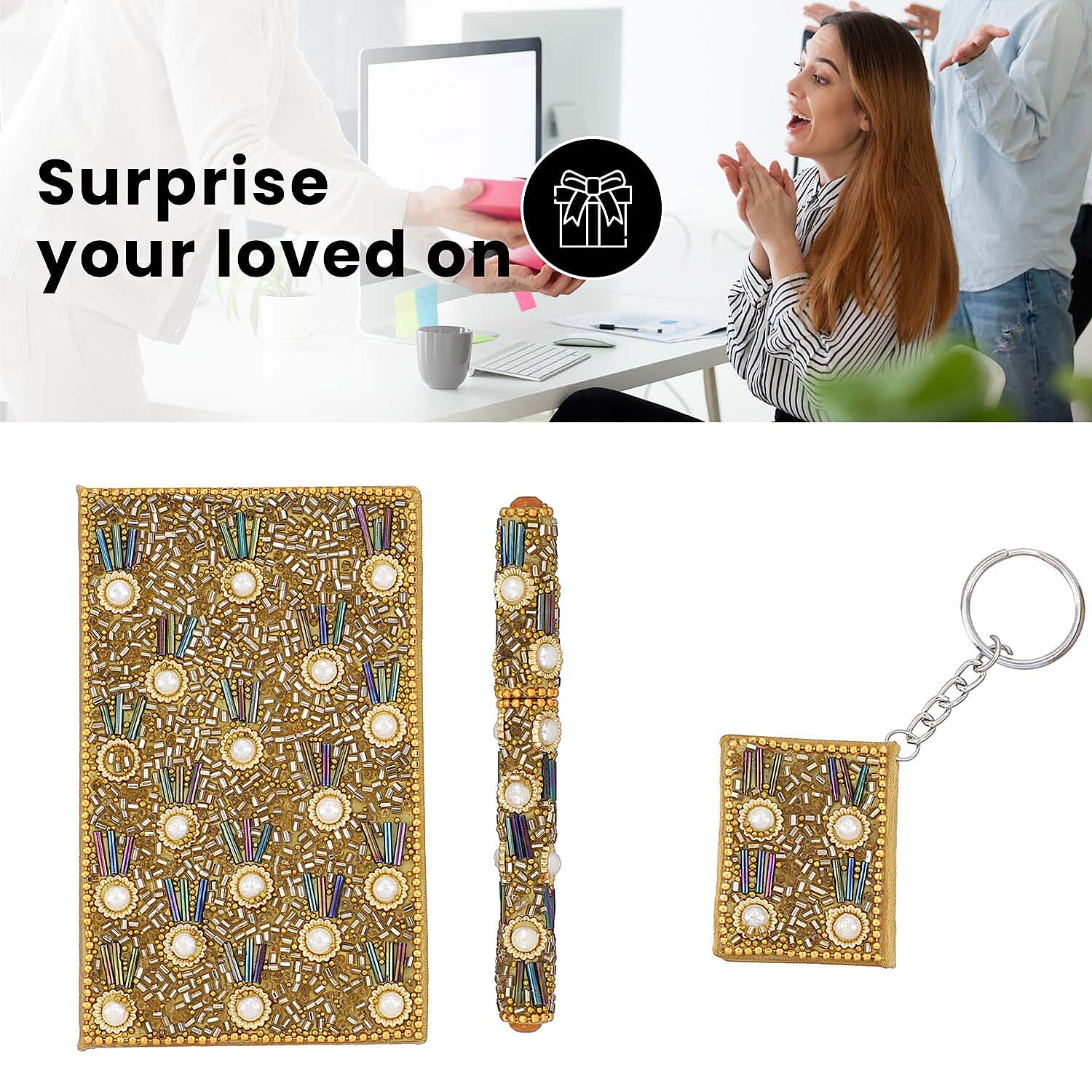 3 Piece Set -  Fuchsia Frolic Bead Decorated Diary (Size 12 Cm), Key Chain (Size 4x5 Cm) and Pen- Golden