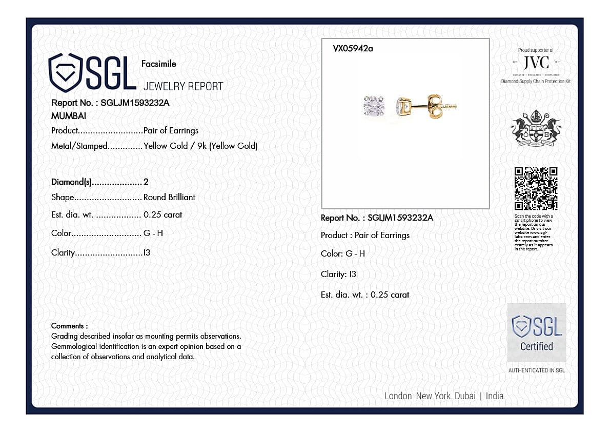 9K Rose Gold SGL Certified Diamond (G-H) Stud Earrings 0.25 Ct
