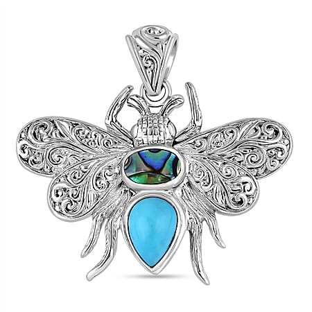 Royal Bali Collection - Handmade Sleeping Beauty Turquoise & Abalone Shell Pendant Sterling Silver 2.00 Ct, Silver Wt. 8.30 Gms.