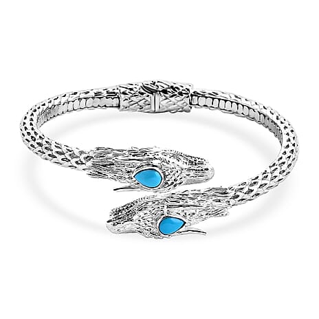 Royal Bali Collection - Handmade Sleeping Beauty Turquoise Bangle (Size - 7.5) in Sterling Silver 1.40 Ct, Silver Wt. 28.94 Gms.