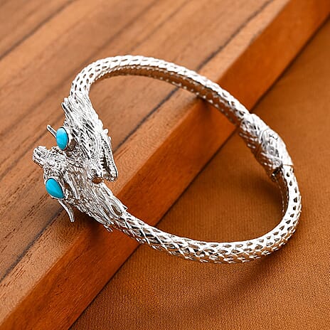 Royal Bali Collection - Handmade Sleeping Beauty Turquoise Bangle (Size - 7.5) in Sterling Silver 1.40 Ct, Silver Wt. 28.94 Gms.