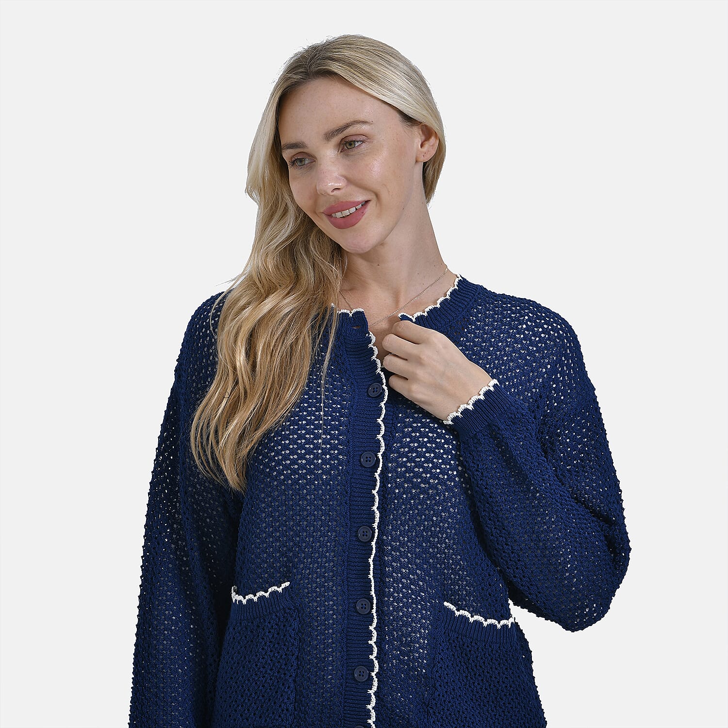 La Marey Elegant Knit Cardigan with Cream Trim La Marey Elegant Knit Cardigan with Cream Trim