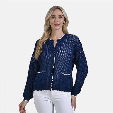 La Marey Elegant Knit Cardigan with Cream Trim (Size L) - Navy