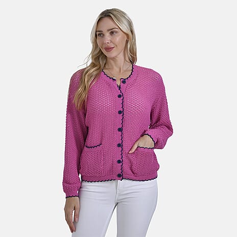 La Marey Elegant Knit Cardigan with Navy Trim (Size S) - Orchid
