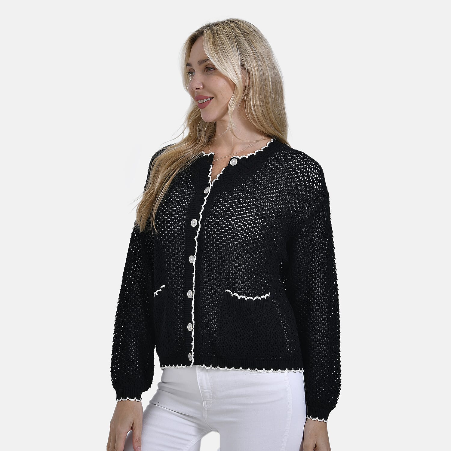 La Marey Elegant Knit Cardigan with Cream Trim