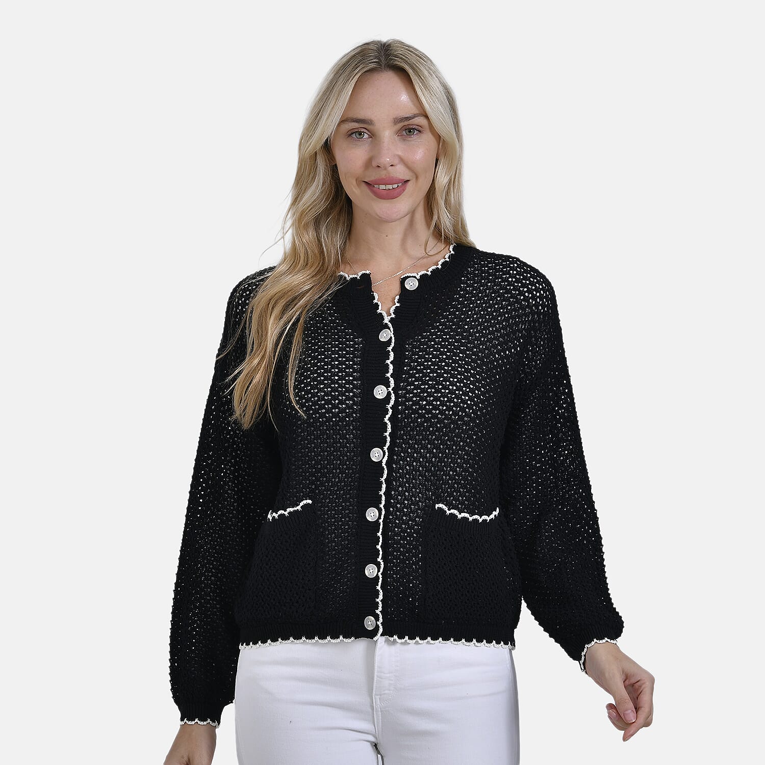 La Marey Elegant Knit Cardigan with Cream Trim