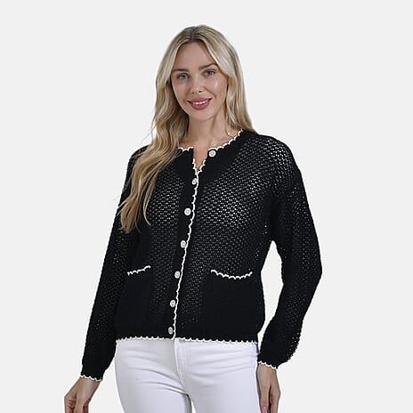 La Marey Elegant Knit Cardigan with Navy Trim (Size M) - Black