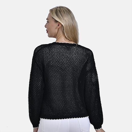 La Marey Elegant Knit Cardigan with Navy Trim (Size M) - Black