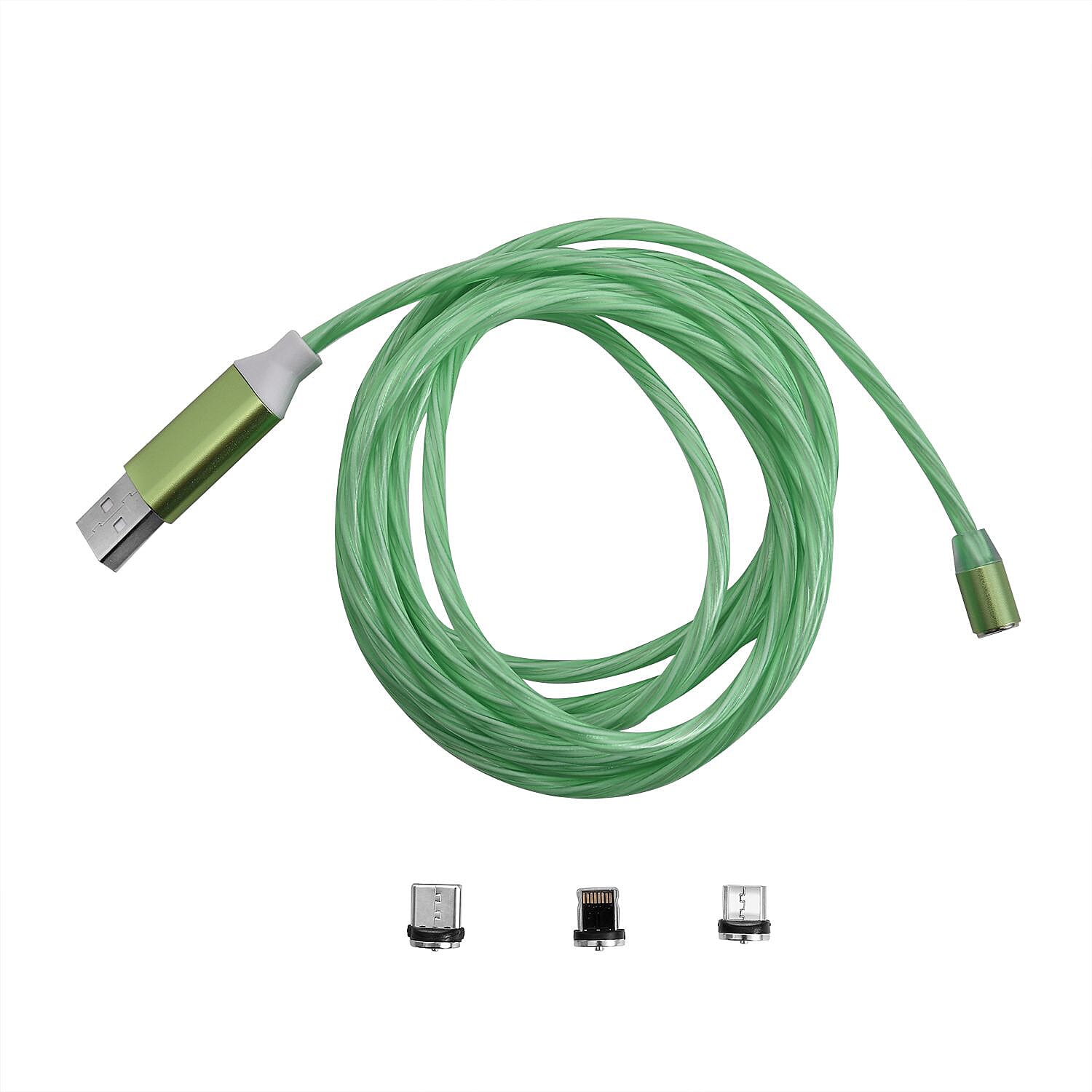 3 in 1 Magnetic Charging USB Cable with Flowing LED Light (Size 2x1 m) - Green 3 in 1 Magnetic Charging USB Cable with Flowing LED Light (Size 2x1 m) - Green