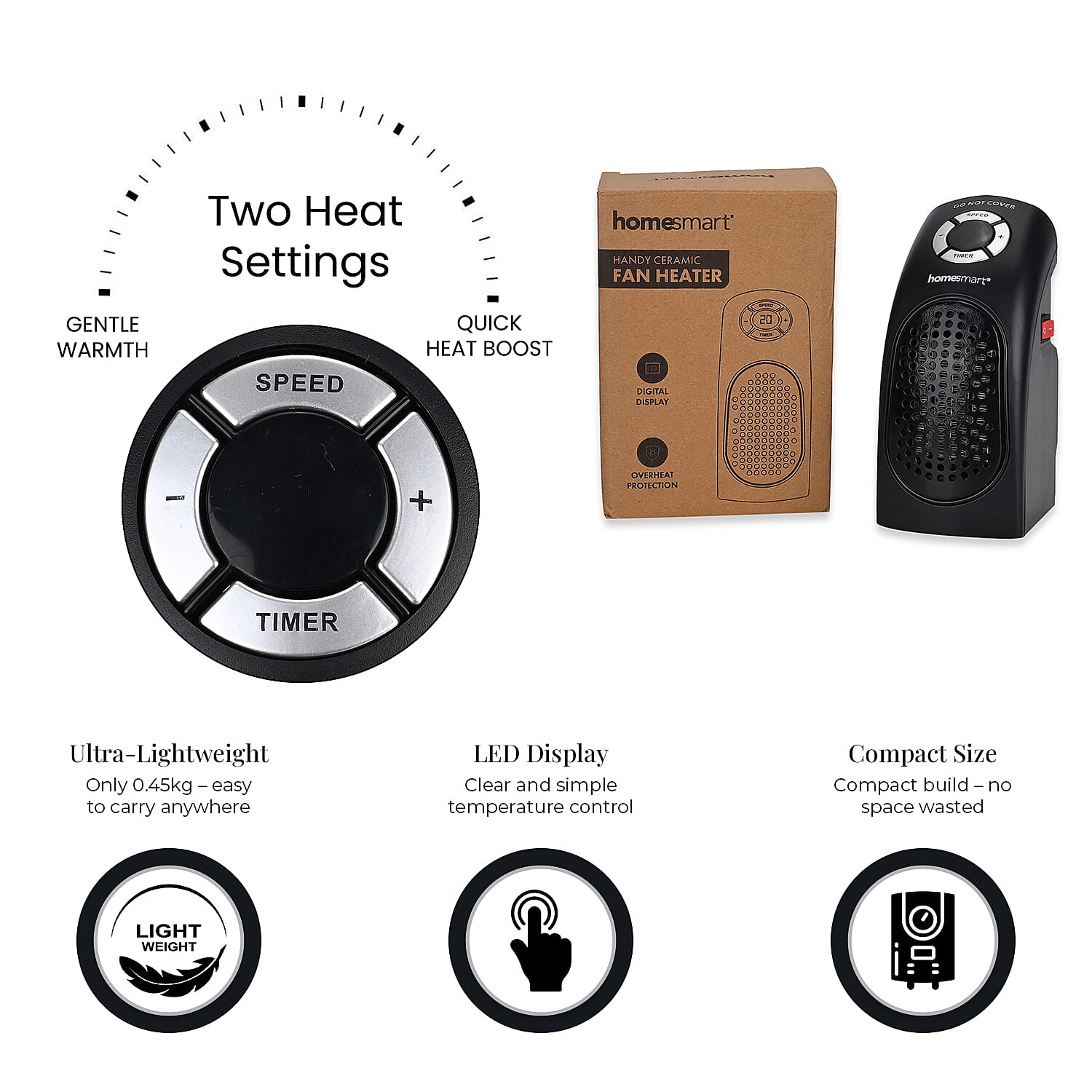 Brand New- Must Have - Homesmart Handy Fan Heater Temperature & Timer Control with LED BS plug (Power 400W) - Black Brand New- Must Have - Homesmart Handy Fan Heater Temperature & Timer Control with LED BS plug (Power 400W) - Black