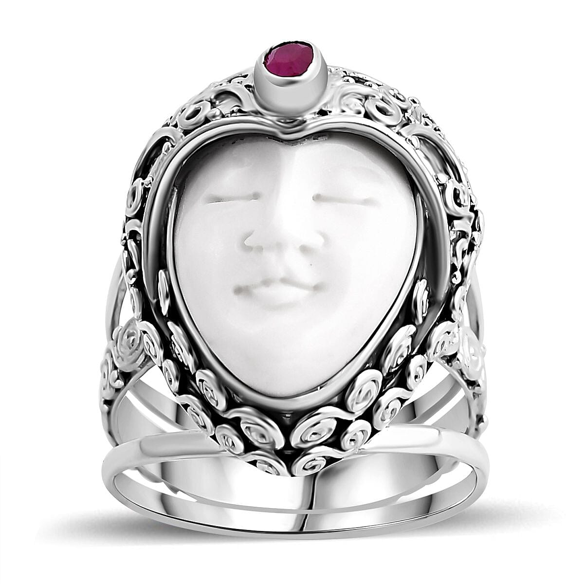 Royal Bali - Princess Collection Ox Bone & Ruby Ring in Sterling Silver, Silver Wt. 13.76 Gms.