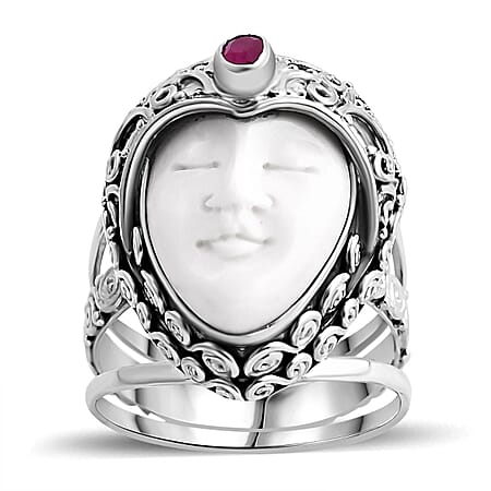 Royal Bali - Princess Collection Ox Bone and Ruby Ring in Sterling Silver