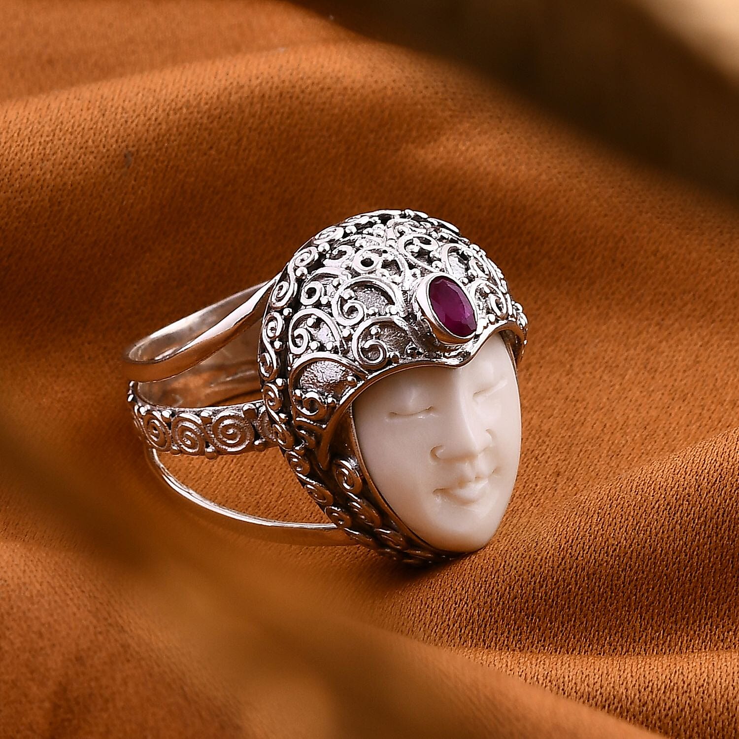 Royal Bali - Princess Collection Ox Bone & Ruby Ring in Sterling Silver, Silver Wt. 13.76 Gms.